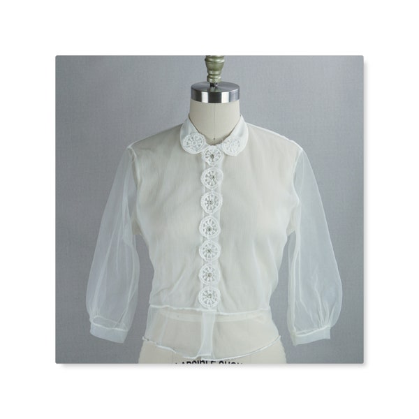 50s Sheer Nylon Suit Blouse w/ Rhinestone Buttons, Sz 38