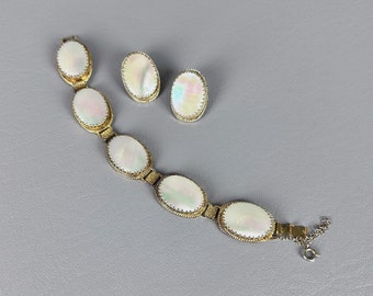 60s Whiting and Davis Goldtone Mother of Pearl Cabochons Bracelet and Clip On Earrings