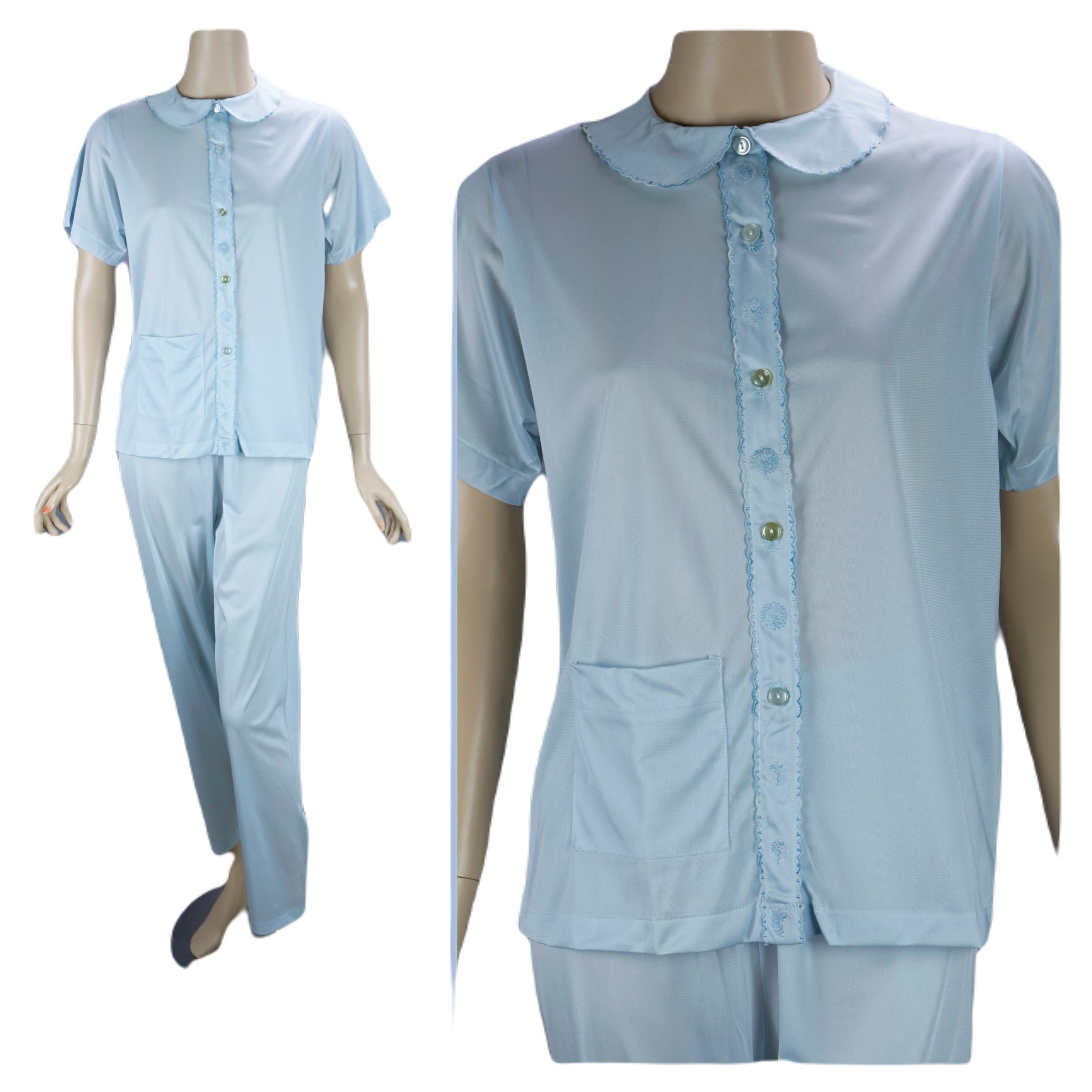 Vintage 80s Deadstock Pale Blue Nylon Pajamas with Embroidery, Size 34 Packaged