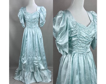 Vintage 80s Mint Green Satin Formal Gown with Bodice Ruching, Elbow Puff Sleeves