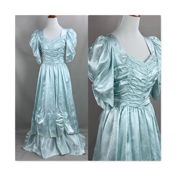 Vintage 80s Mint Green Satin Formal Gown with Bodi