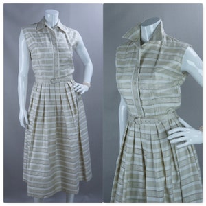 Vintage 50s Beige and White Stripe Sleeveless Full Skirt Dress