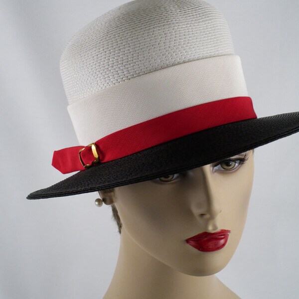 Vintage Straw Hat Wide Brim White Red and Black by Sandra NWT Sz 22 1/2