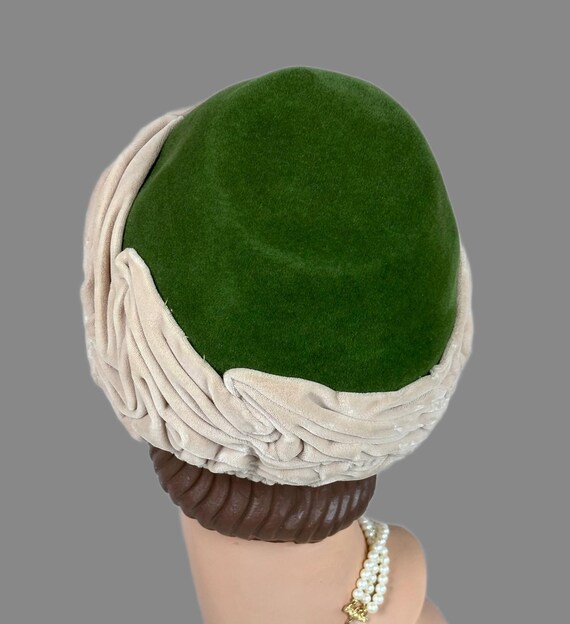 Vintage 60s Beige and Moss Green Velour Turban Style Hat by  display picture 1