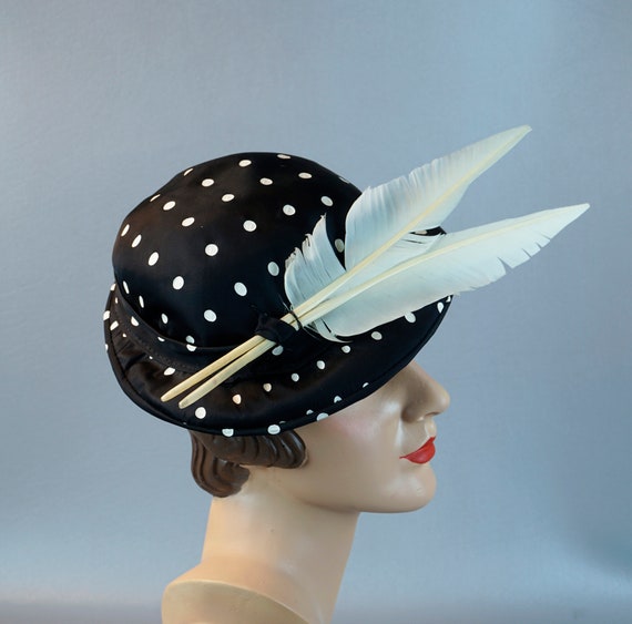 1950s Black and White Polka Dot Feathered Derby H… - image 4