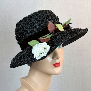 70s Black Cello Straw Wide Brim Hat w/ White Silk Rose, Sz 22