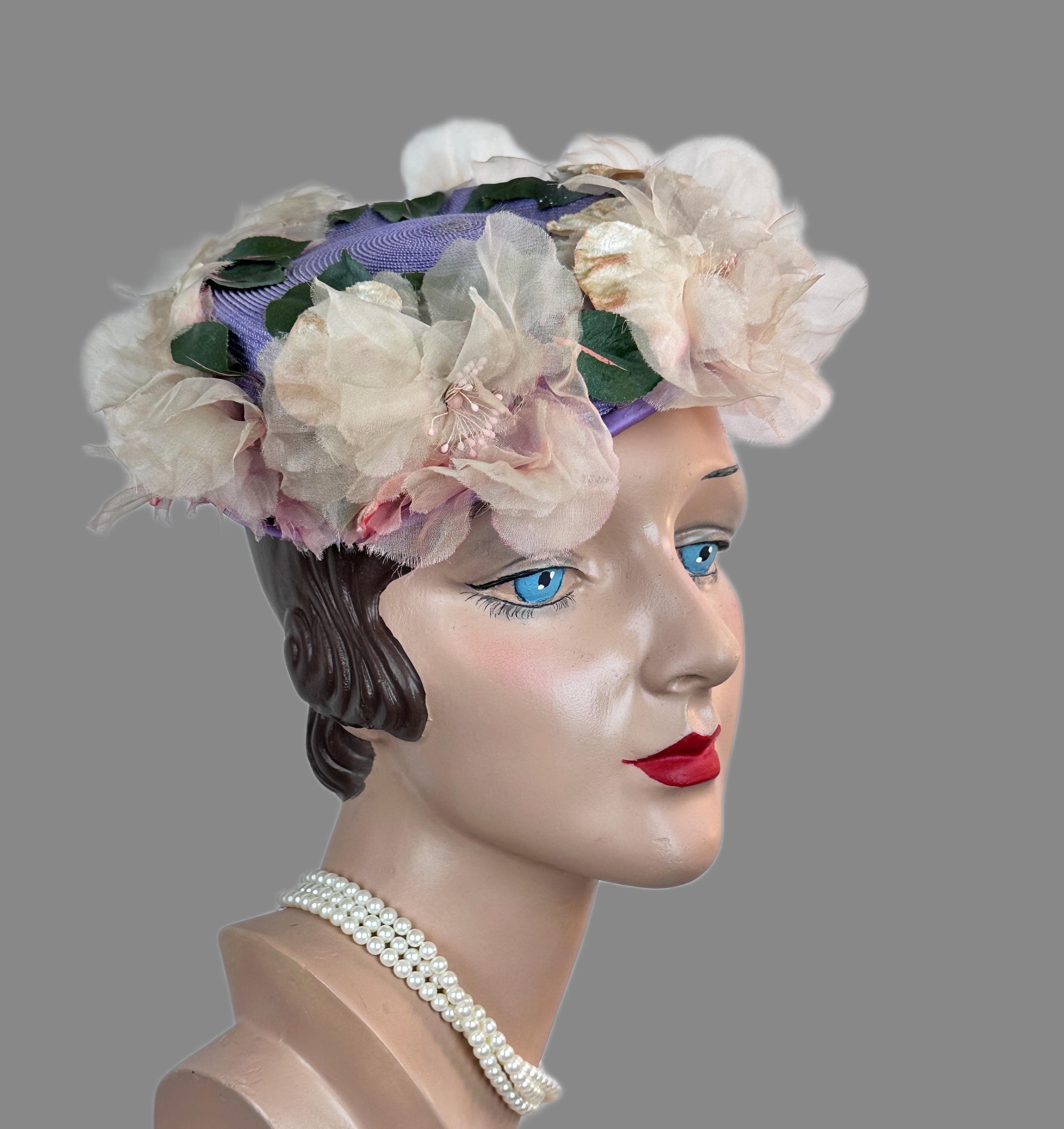 VTG 1950s Evelyn Varon Exclusive Floral Fascinator Hat Blue Lily Birdcage Veil 1950s hats with tulle and velvet trim main image 4