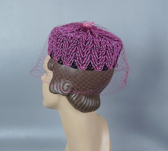 60s Hot Pink Veiled Pillbox Hat - image 3