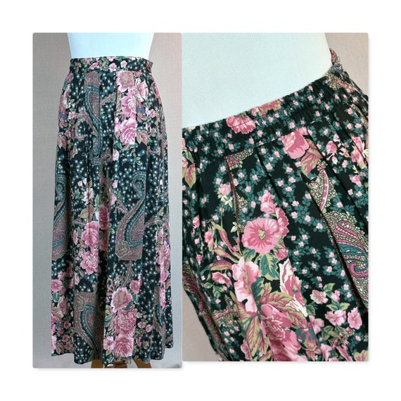 80s Pink Rose Rayon Midi Skirt by Intentions, W30 - image 1