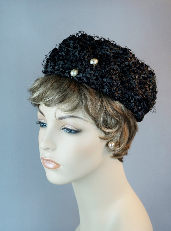 Vintage Hat, 1960s Straw Pillbox, Cello Straw Pill