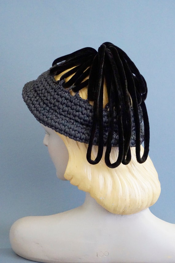 40s Grey Crochet Hat with Brown Velvet Loops by A… - image 2