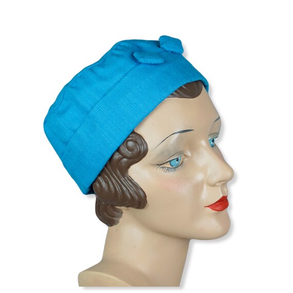 Vtg Blue Linen Handmade Cap Hat with Matching Hat… - image 3
