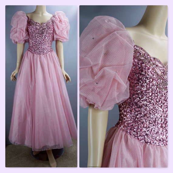 Vintage 80s Ballgown, Pink Sequin Gown, Mike Benet