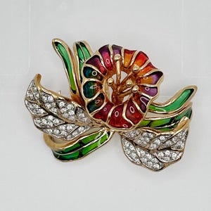Vintage Signed Joan Rivers Plique-A-Jour Crystal and Stained Glass Orchid Trumpet Flower Brooch