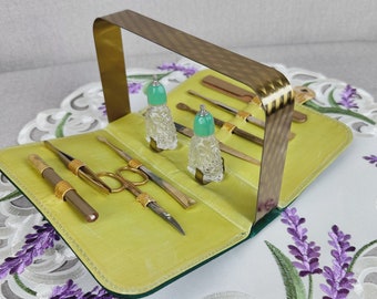 Vintage 50s Boxed Travel Manicure Set, 10 pieces, Glass Bottles