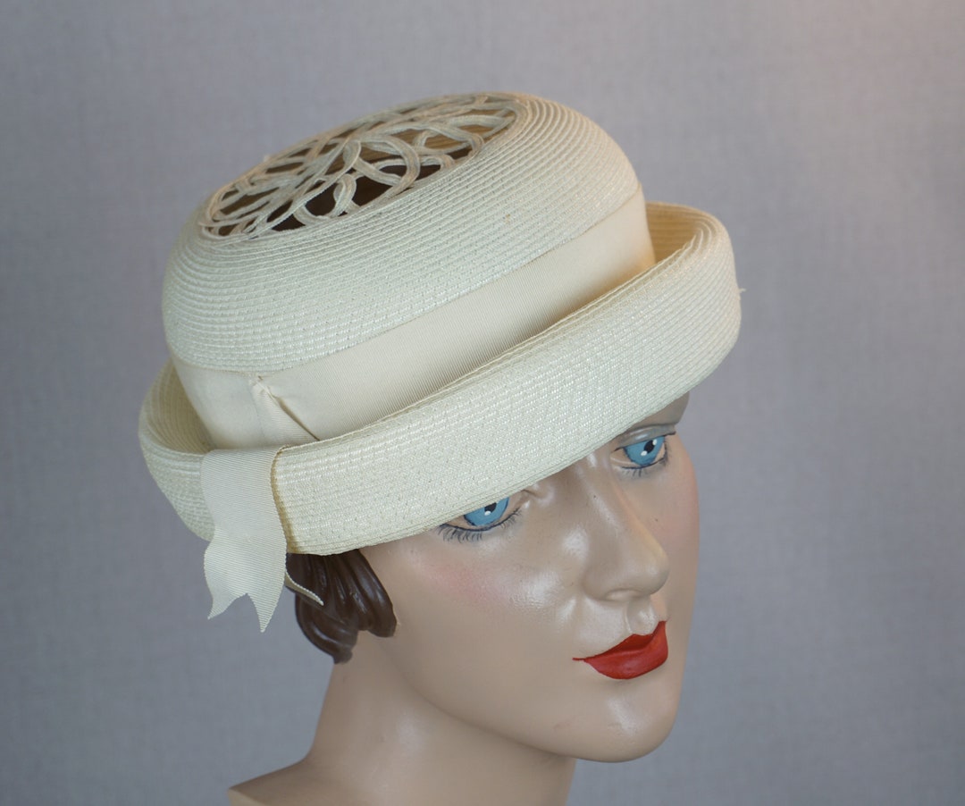 60s off White Straw Derby Hat With Open Weave Crown Etsy
