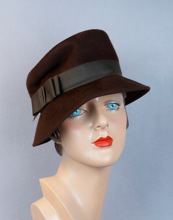 Vintage Hat, 1940s Brown Slouch Fedora, Asymmetric