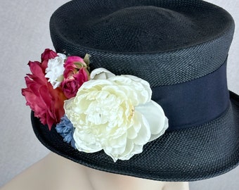 Vintage Black Straw Floral Top Hat