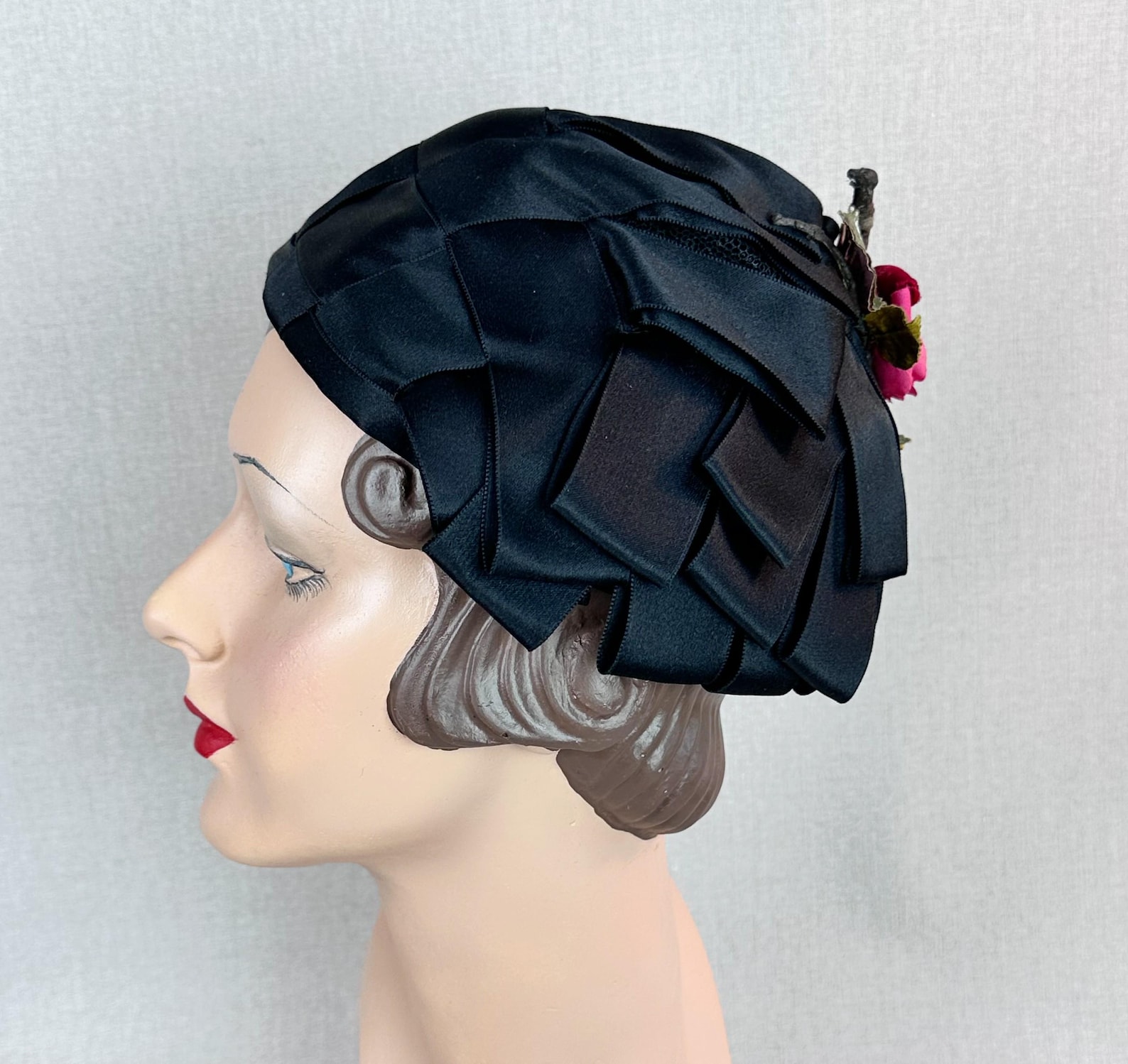 Stringed Toque Vintage 50s Black Satin Ribbon Toque by Dolly Trieste - Etsy
