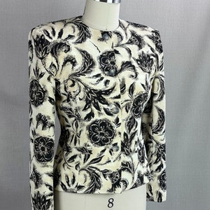 Vintage 90s Silk Black and Cream Floral Abstract Jacket by Jones New York, Size 6P