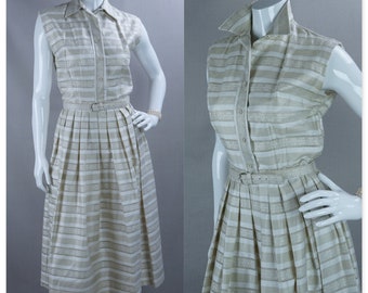 50s Beige and White Stripe Sleeveless Full Skirt Dress, B36-38