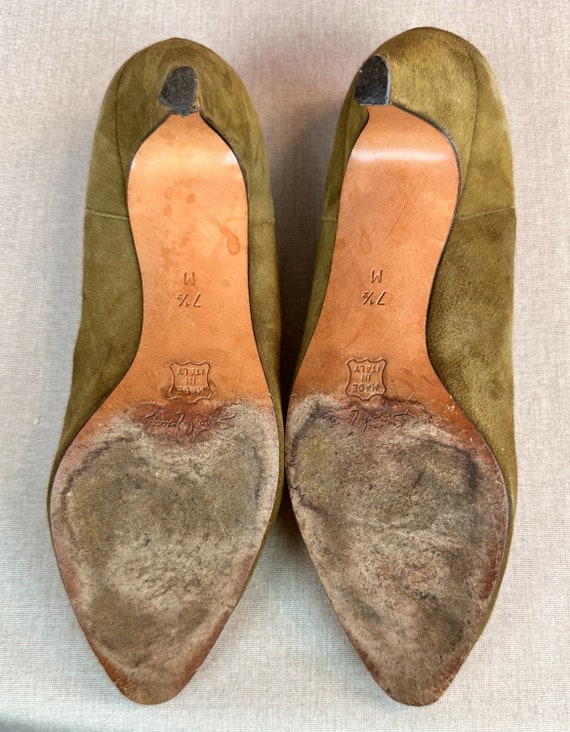 Vintage 80s Italian Olive Green Suede Heels, Shoes by Sesto 
