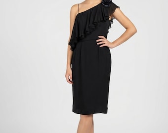 Vintage 50s Black Silk Chiffon One Shoulder Cocktail Dress,  Edward Abbot