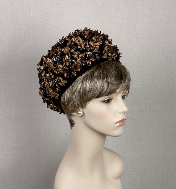 60s Bronze Raffia Straw Deep Crown Pillbox Hat by… - image 1