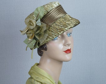 60s Green Raffia Straw Bucket Hat w/ Silk Rose