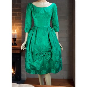 Vintage 50s Green Damask Full Skirt Cocktail - Party Dress, B34