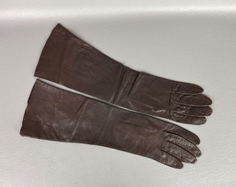 Gants de coude d'invendus en cuir d'enfant brun des années 50, fabriqués en Grèce, Sz 6 1/2