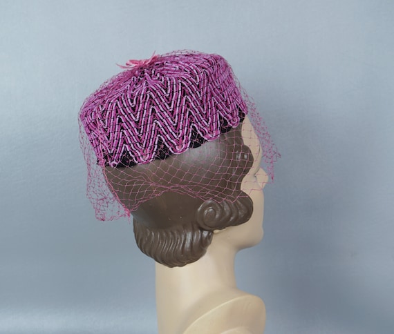 60s Hot Pink Veiled Pillbox Hat - image 2