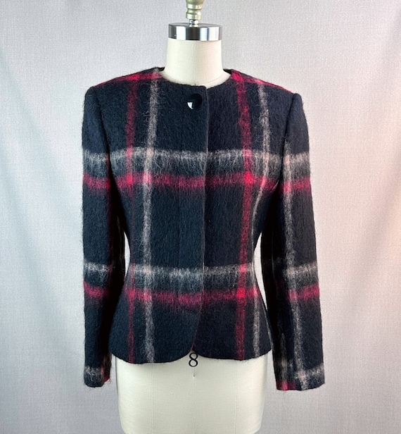 Vtg Black and Red Mohair Plaid Jacket by Herbert … - image 1
