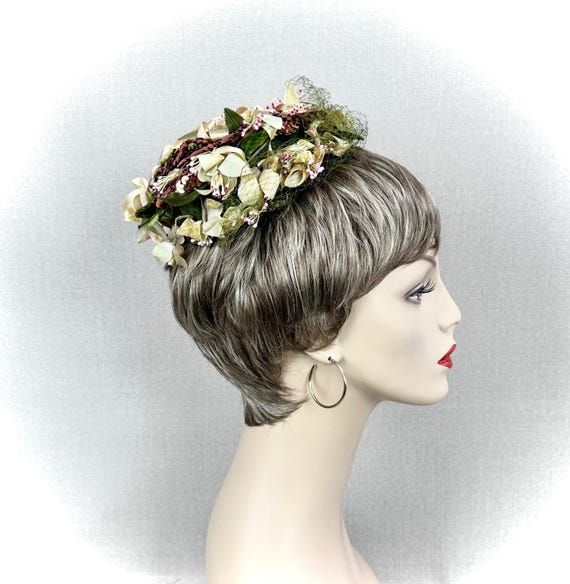 Vintage 60s Beige and Bronze Silk Sequin Toy Pillbox Hat by  display picture 2