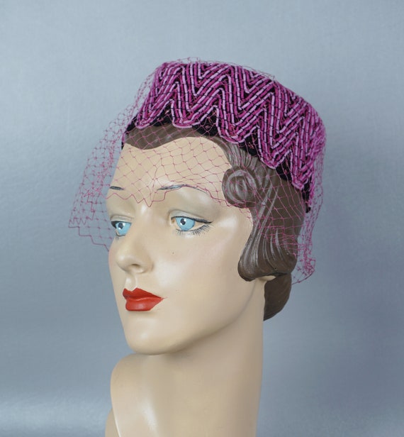 60s Hot Pink Veiled Pillbox Hat - image 1