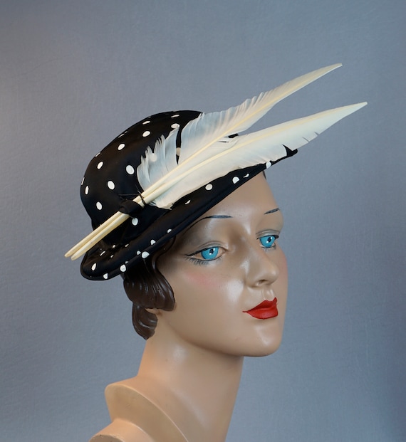 1950s Black and White Polka Dot Feathered Derby H… - image 6