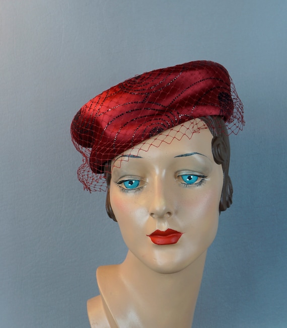 Vintage Hat, Ruby Red Pillbox, Beaded Satin Pillbo