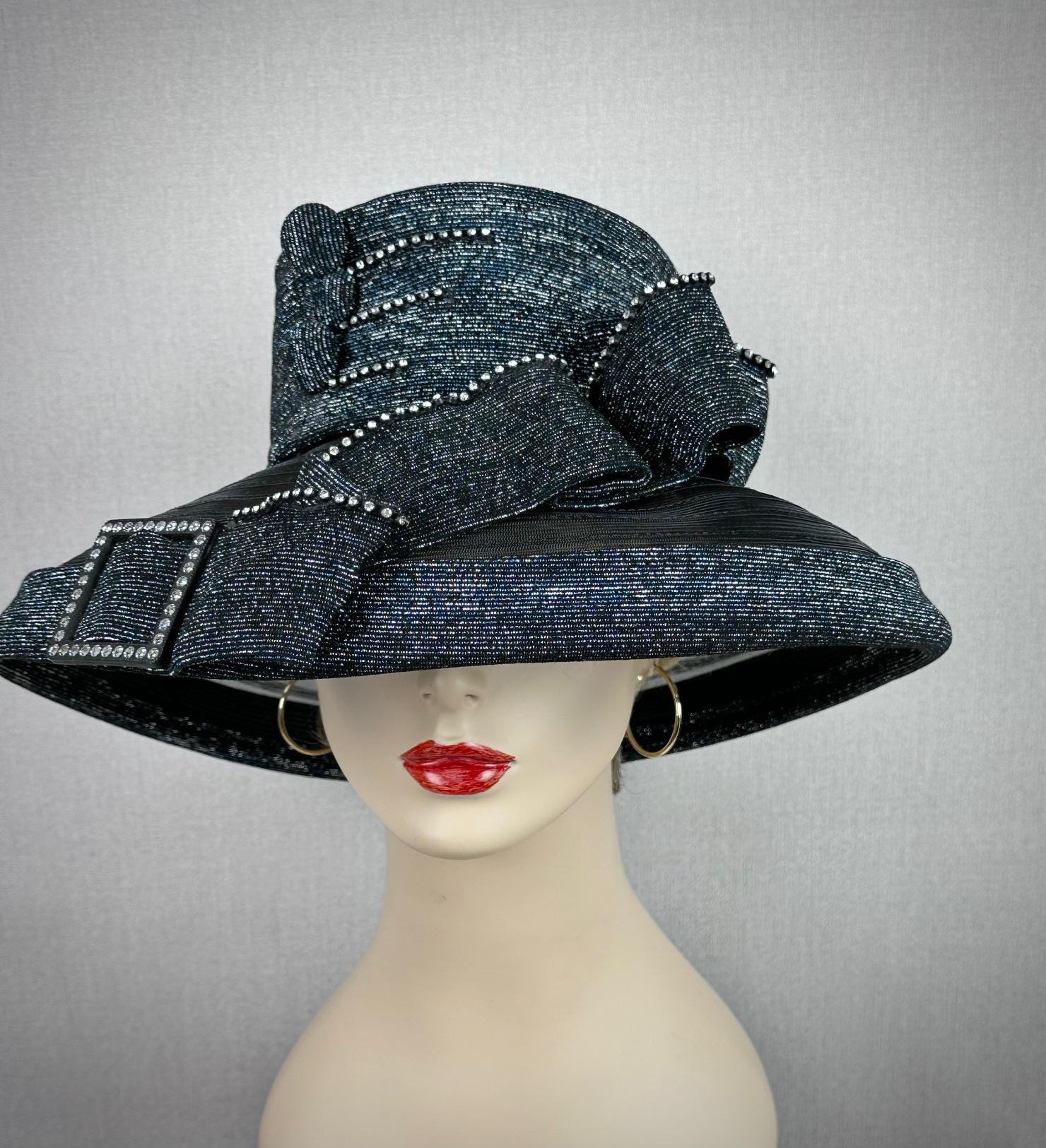 Vintage 90s Black Straw Mushroom Brim Church Hat by Mr Hi display picture 1
