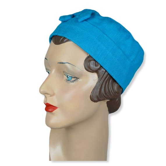 Vtg Blue Linen Handmade Cap Hat with Matching Hat… - image 2