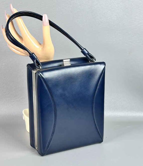 Vintage 50s Navy Blue Box Handbag - Purse - image 3