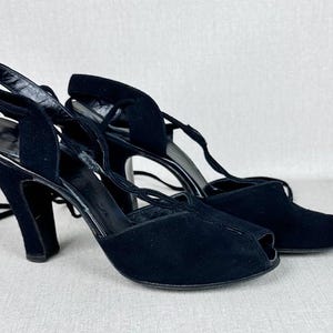 Vintage 50s Black Suede Peeptoe High Heel Ankle Tie Sandals, Shoes, Sz 7 1/2 Narrow