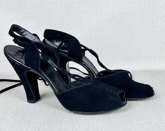 Vintage 50s Black Suede Peeptoe Ankle Tie Heels - Size 7.5 Narrow