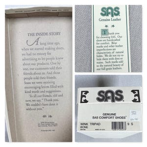 May include: A shoe box with text including "The Inside Story" and "SAS Comfort Shoes." The box features a label stating "Genuine Leather" and a product label indicating "Wink Tripad Bone" size 9S.