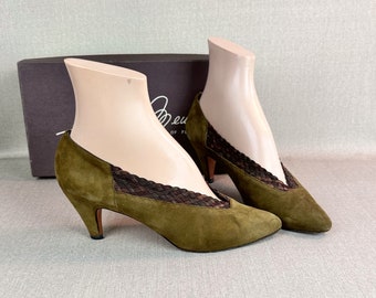 Vintage 80s italianos tacones de ante verde oliva, zapatos de Sesto Meucci, Sz 7.5 M