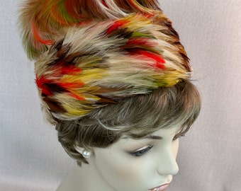 Vintage 60s Multi-Colored Feather High Rise Stacked Pillbox Hat by Kutz