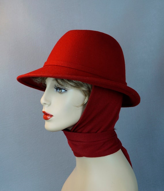 Vintage Hat, Bright Red Fedora, Red Scarf Hat, Bet