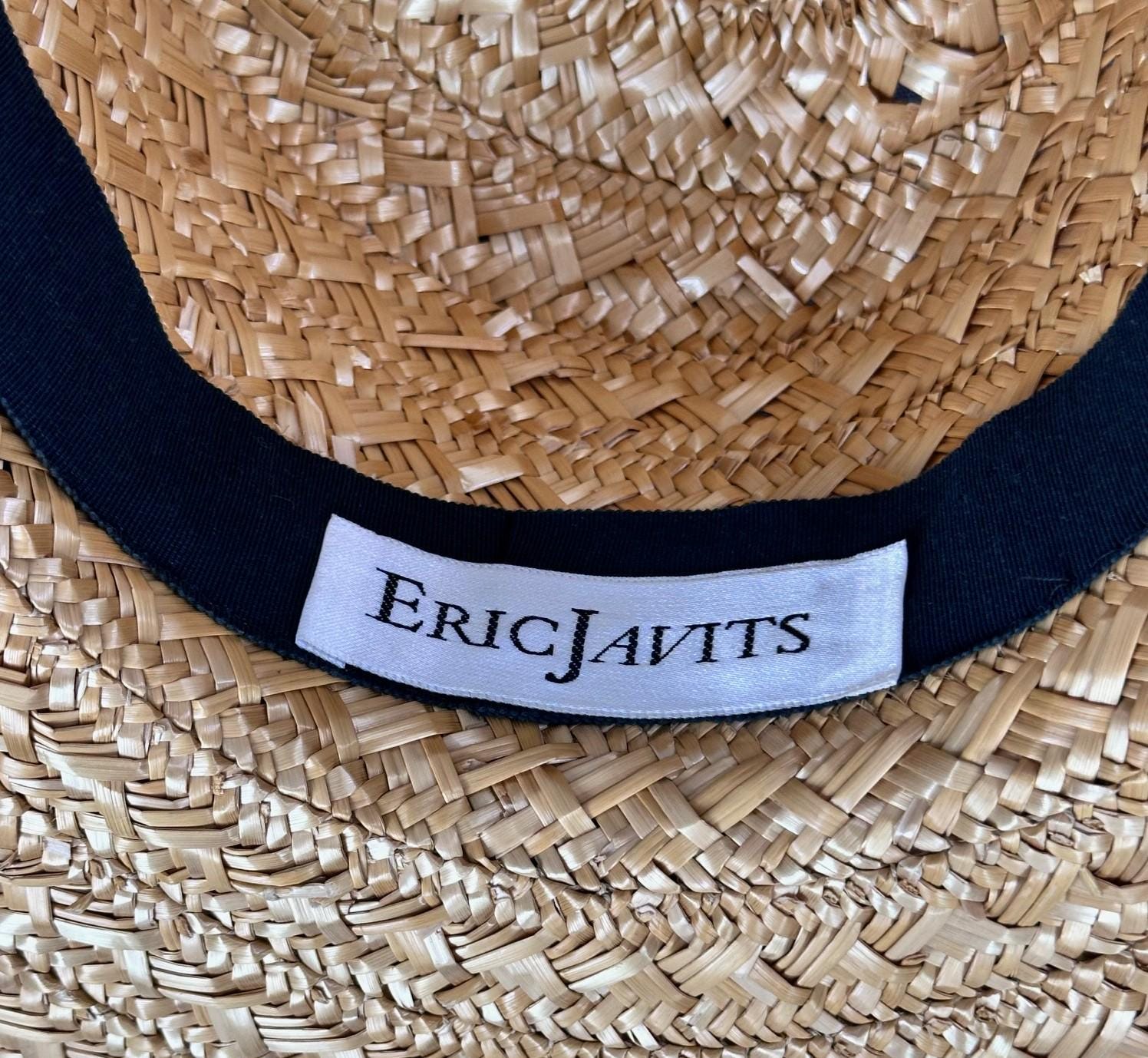Vintage   Eric javits  Wide Brim Straw Sun Hat in Dark Navy Wide Brim Hats Sun Hat With Scarf Attached Eric Javits Wool  main image 3