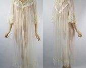 Vintage Gotham Gold Stripe Ivory Chiffon Lace Robe - Dressing Gown Sz 32