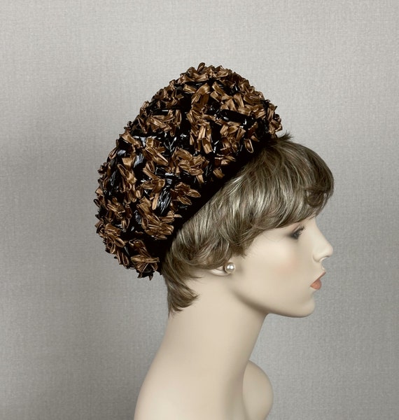 60s Bronze Raffia Straw Deep Crown Pillbox Hat by… - image 6