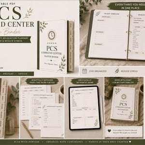 Może przedstawiać: Drukowany plik PDF PCS Command Center Master Binder z zielono-białym designem. Segregator zawiera sekcje planowania, organizowania, przygotowywania i rozwoju, ze stronami dla harmonogramów, mieszkań i budżetu. Zaprojektowany dla rodzin wojskowych.